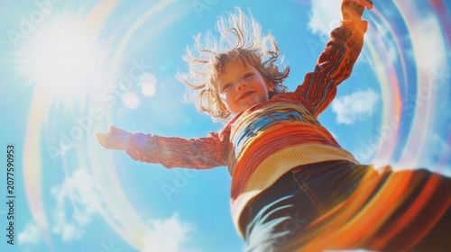 Joyful child leaping in the air, feeling freedom and happiness under bright sunlight with vibrant colors and lens flare effects.
