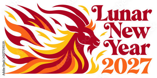 Lunar new year 2027 greeting design featuring a stylized goat animal illustration in fire theme horoscope celebration illustration traditional greeting oriental creative stylized template