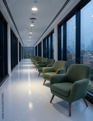 Modern minimalist office waiting area with comfortable green armchairs and city view