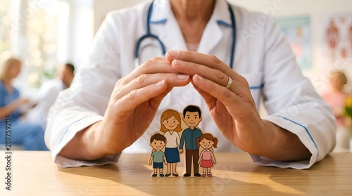 Doctor's hands sheltering a wooden family figure, symbolizing health insurance and care.