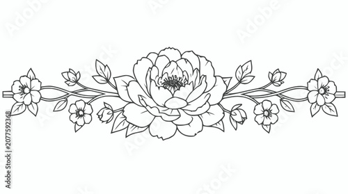 Delicate black and white floral border featuring roses, petals and leaves in graceful line art.