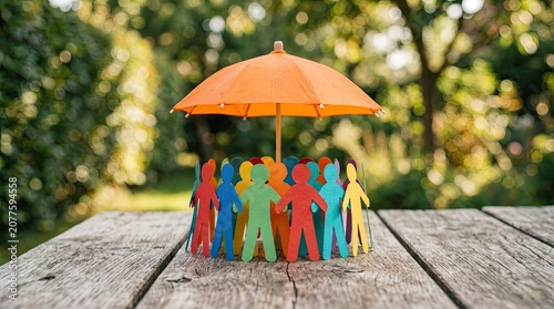 Colorful paper people under orange umbrella on wooden table outdoors