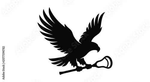 Canvastavla Eagle with lacrosse stick in black silhouette against a white background silhoue