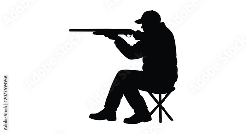 Konstfotografi Hunter aiming rifle while seated on folding stool black silhouette against a whi