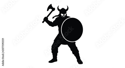 Foto Viking warrior with axe and shield in a black silhouette nordic norseman berserk