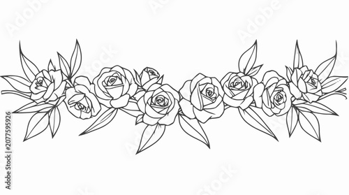 Elegant line art of a floral garland featuring roses and leaves.