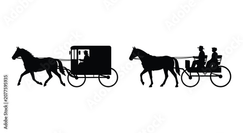 Canvastavla Two horse drawn carriages depicted in black silhouette against a white backgroun
