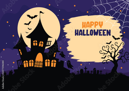 Happy Halloween Haunted House Banner Illustration, vector Design