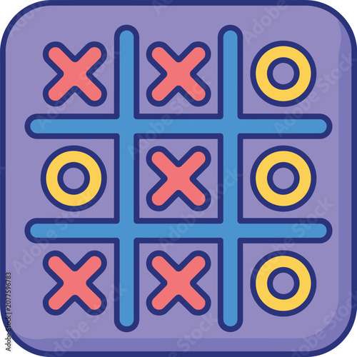 Flat of a tic-tac-toe game board with blue grid lines, red x marks, and yellow o marks on a rounded purple square background