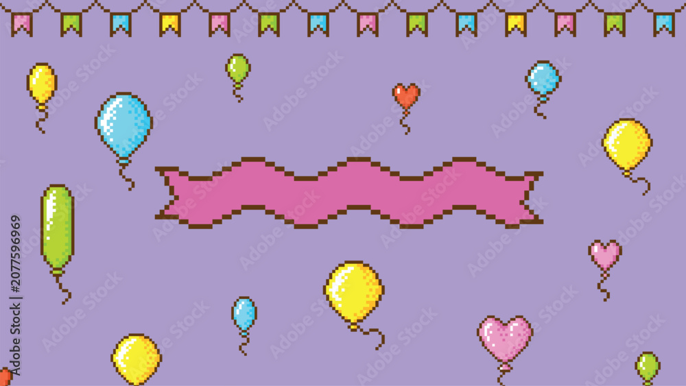 Fototapeta premium Celebration background in trendy pixel art style. Pixelated empty ribbon, colorful balloons and garland with paper flags. Stylish backdrop vector design