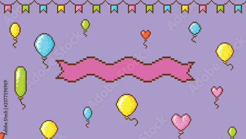 Celebration background in trendy pixel art style. Pixelated empty ribbon, colorful balloons and garland with paper flags. Stylish backdrop vector design
