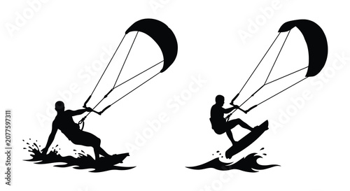 Foto Kitesurfers riding waves with kites and boards depicted as a black silhouette ki