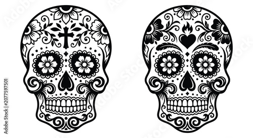 Obraz na płótnie Two sugar skull silhouettes with floral ornamentation and detailed facial featur