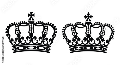 Photos Two ornate royal crowns depicted as black silhouettes against a white background