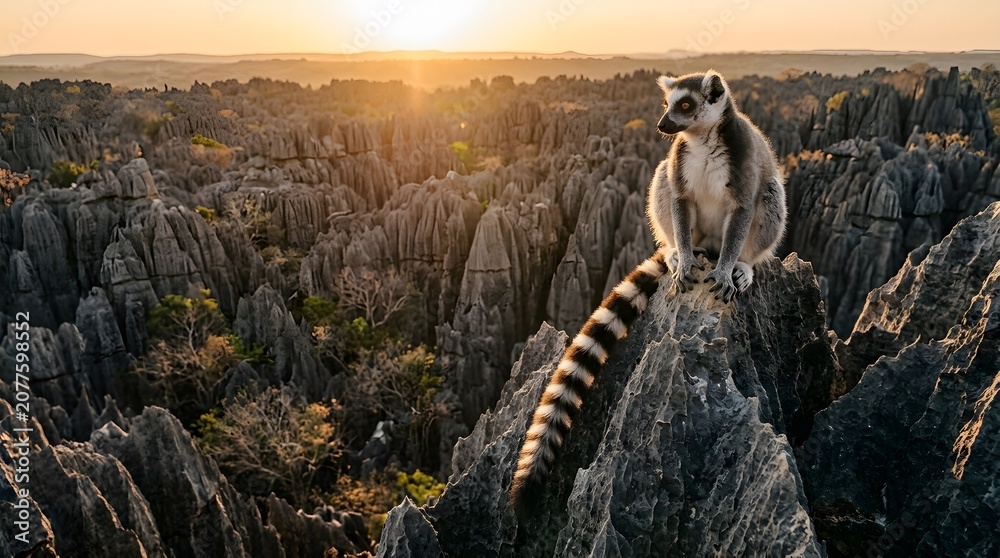 Fototapeta premium Ring tailed lemur perched on limestone formation at sunset madagascar wildlife photography