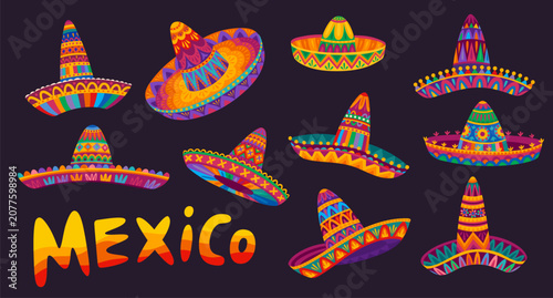 Mexican sombrero hats, cartoon Mexico mariachi costume elements with traditional hispanic pattern. Mexican music festival, fiesta party and carnival festive sombrero hats with bright color ornaments