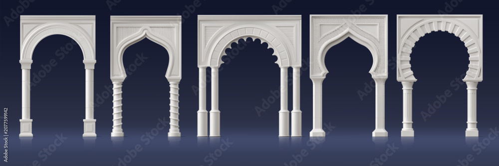 Obraz premium Realistic palace white marble arch and pillar gate, 3d greek roman archway and temple arc doorway. Ancient architecture white marble stone arcade supported by columns, decorative wedding arches set