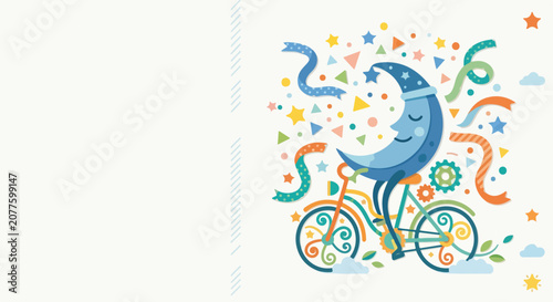 Fotografija A whimsical vector illustration featuring a smiling blue crescent moon wearing a nightcap and riding a bicycle amidst stars, confetti, and ribbons