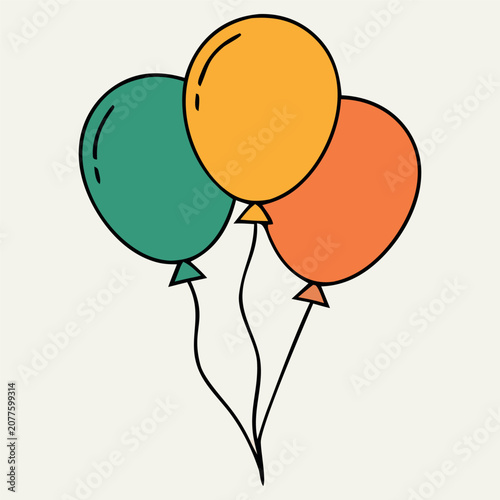Colorful Balloon Vector Illustration for Birthday Celebration.Cute Party Balloons Clip art Vector Isolated on White.Three Colorful Balloons Cartoon Flat Vector Illustration.Hand Drawn Colorful Balloon