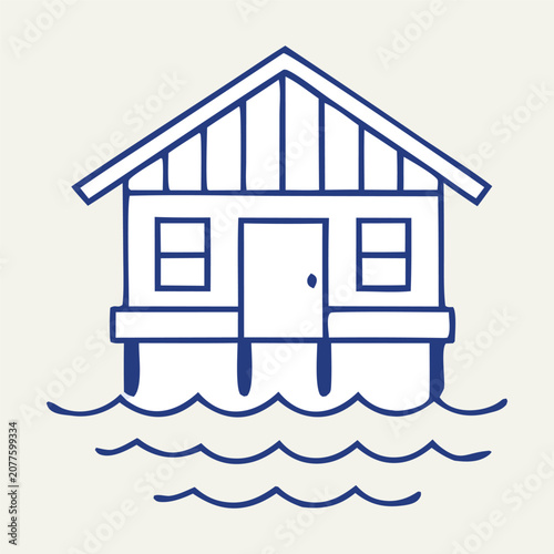 Beach House on Water Vector Illustration.Coastal Stilt House Line Art Vector.Beach Cabin Above Ocean Waves SVG. Hand Drawn Seaside House Vector Clip art.Oceanfront Cottage Line Drawing Vector.