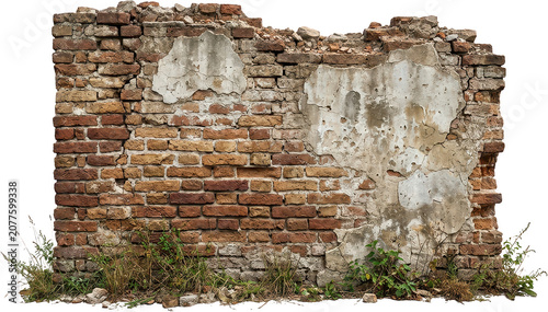 An ancient weathered brick wall partially ruined with crumbling plaster and overgrown with grass and weeds at its base showing signs of decay texture construction old facade erosion