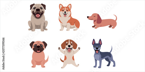 Cute Dog Breeds Vector Illustration Set.Adorable Cartoon Dogs Clipart Collection SVG ,EPS.Pet Dog Breeds Flat Vector Character Bundle.Cute Puppy Vector Pack Isolated on White.