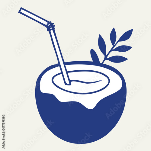 Fresh Coconut Drink Vector Illustration.Tropical Coconut Water Clip art SVG,EPS.Coconut with Straw Line Art Vector.Fresh Coconut Beverage Flat Vector Illustration.Coconut Water Icon Vector Design.