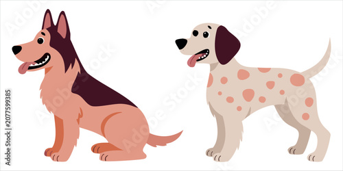 German Shepherd and Dalmatian Dog Vector Illustration.Cute Cartoon Dog Breeds Clipart SVG ,EPS. German Shepherd and Dalmatian Flat Vector Set.Pet Dog Breed Illustration Isolated on White.