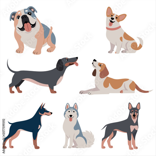 Cute Dog Breeds Vector Illustration Collection.Adorable Cartoon Dog Breed Clipart Set SVG,EPS.Pet Dog Character Vector Bundle Isolated on White.Cute Puppy Collection Flat Vector Illustration.