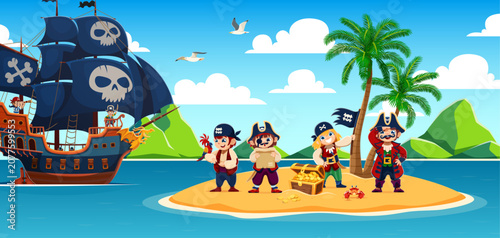 Billede på lærred Cartoon kid pirate characters and corsairs sail ship near Caribbean island