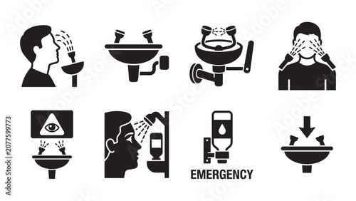Set of emergency eye wash and safety station icons.