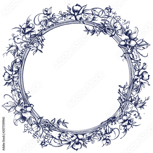 Floral design in a circular shape with intricate details and copy space
