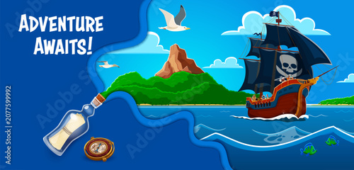 Obraz na plátně Paper cut pirate banner of corsairs sail ship sailing past tropical sea island with pirate crew characters on deck