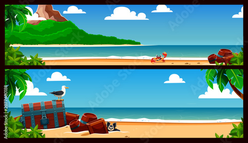 Obraz na plátně Cartoon tropical island landscape with pirates treasure chest and corsair tricorn hat