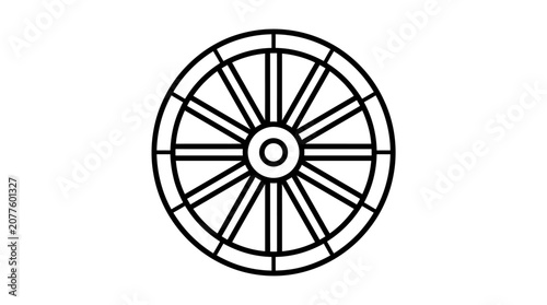 Minimalist black and white line art illustration of a wooden carriage wheel featuring symmetrical spokes and a circular frame
