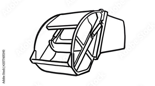 Detailed black and white line art drawing of a heavy industrial garbage truck lifting mechanism with thick bold ink strokes