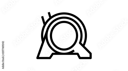 Minimalist black and white line art illustration featuring a circular mechanical gear component with sharp geometric edges and angles