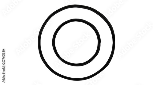 Hand drawn black ink double circular ring shape isolated on a plain white background featuring rough textured artistic brush strokes
