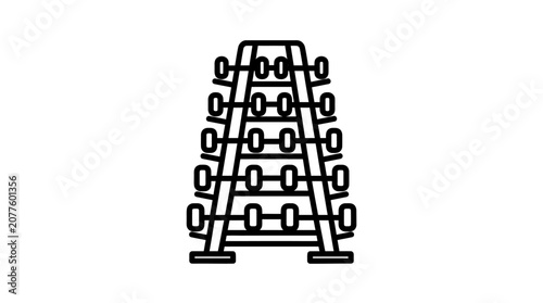 A simple black and white line art icon showing a vertical metal gym rack holding several heavy iron dumbbells