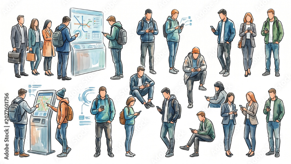 Obraz premium Architectural CAD People Set Interacting with Smart City Environment Digital Navigation Mobile Device Usage Transit Commuters Urban Planning Human Scale Figures Vector Illustration Entourage