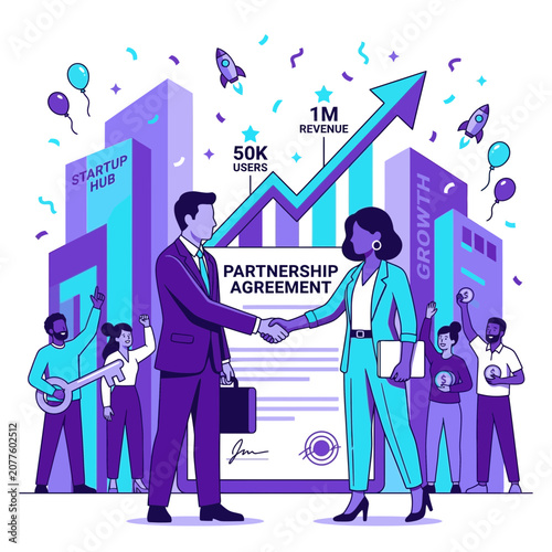 Team Celebrating Business Partnership Agreement Success With Growth Chart