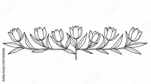 Elegant line drawing of a row of blooming flowers with slender stems and leaves, in a refined monochrome style.