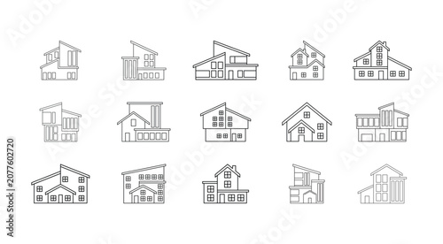 The set showcases a variety of contemporary architectural designs, ranging from multi-story residential homes to stylish villas with distinct roof shapes, sleek geometric windows, and clean outlines