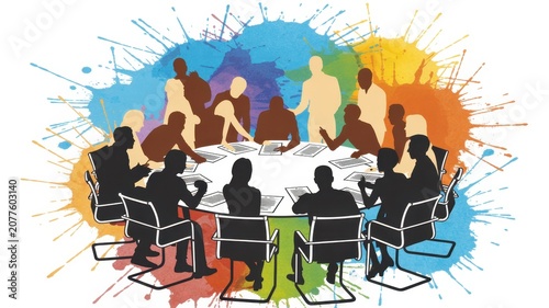Diverse business team silhouettes sitting around a circular conference table with vibrant colorful watercolor paint splatter background, for creative corporate collaboration