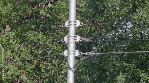 Metal pole with brackets and stretched wires against green foliage background