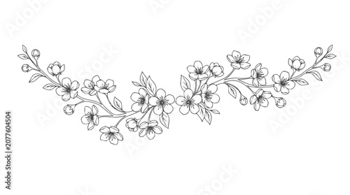 Intricate Monochrome Floral Border Design with Leaves and Blossoms.