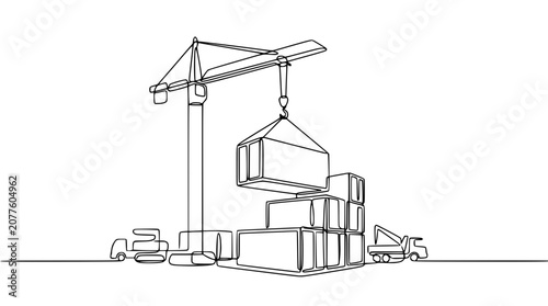 Continuous Line Drawing: Shipping Containers Stacked by Crane and Trucks