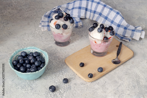 Close-up of ice cream and blueberries on the table