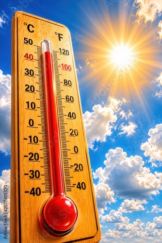 Wooden thermometer showing high summer temperature under bright sun and blue sky with dramatic white clouds
