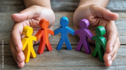 Human hands cupping a row of colorful wooden human figures on a textured wooden surface symbolizing teamwork diversity inclusion and corporate social responsibility